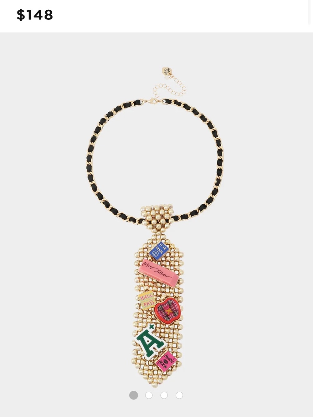 Betsey Johnson Gold Tie Pendant Necklace with Black Chain and Multicolor Charms